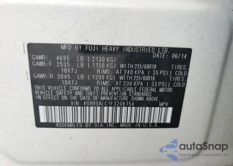 2015 Subaru Outback 2.5I Limited z USA, uszkodzony, nr VIN 4S4BSALC1F3206154